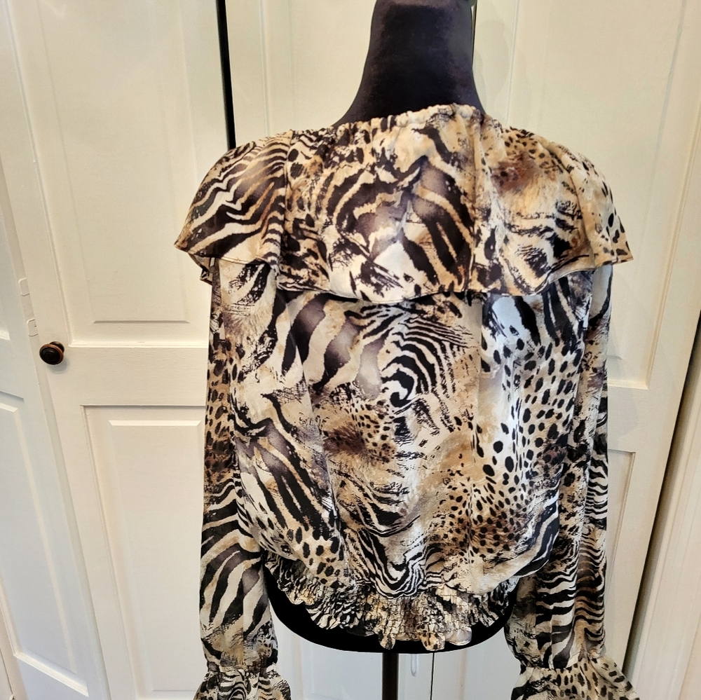 4/$19 Y2k Sheer Animal Print On/Off Shoulder Blouse Smocked Bottom Going Out - Picture 2 of 8